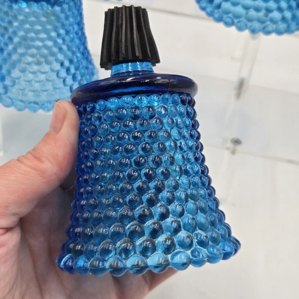 Vtg Set of 4 Blue Hobnail Glass Peg Votive Candle Holders w Rubber Adaptors